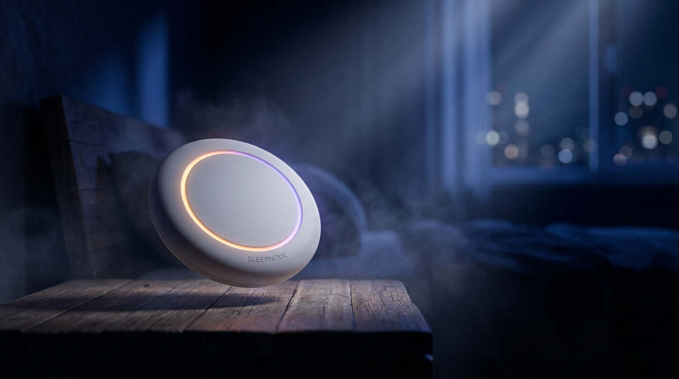 The Noctera Node glowing on a nightstand