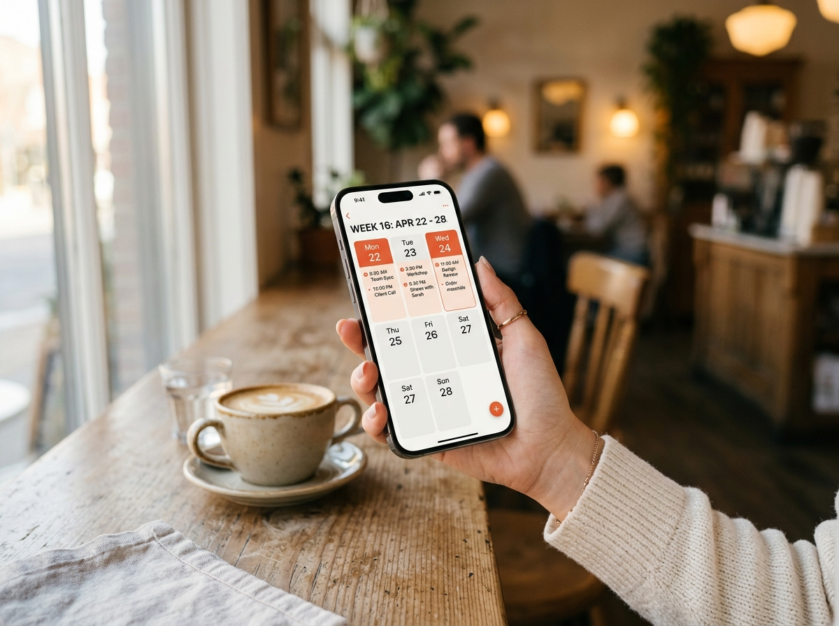 A hand holding an iPhone showing the Wayfinder weekly calendar in a cafe