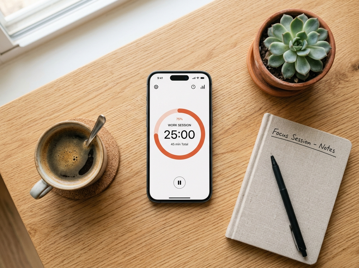 An iPhone on a desk showing the Wayfinder focus timer next to coffee and a notebook