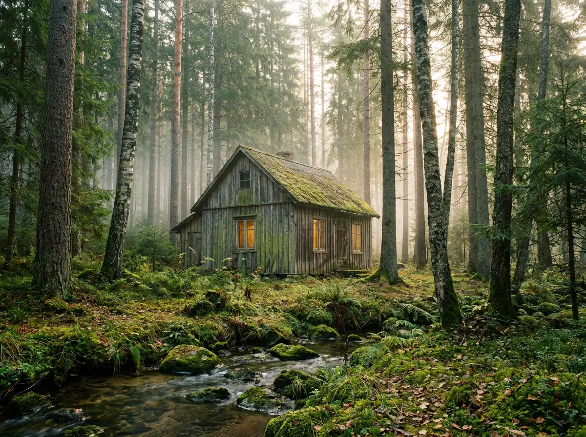 An A-frame cabin glowing warmly among tall cedar trees at dusk