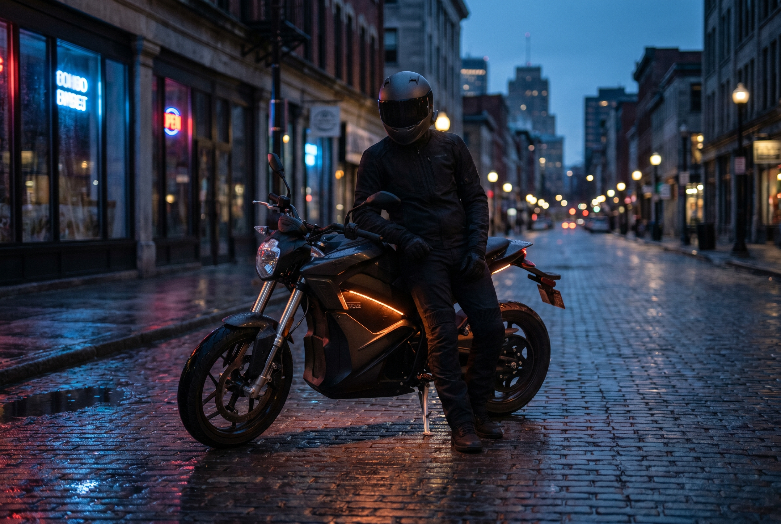 Rider with VANTA on a wet city street at blue hour