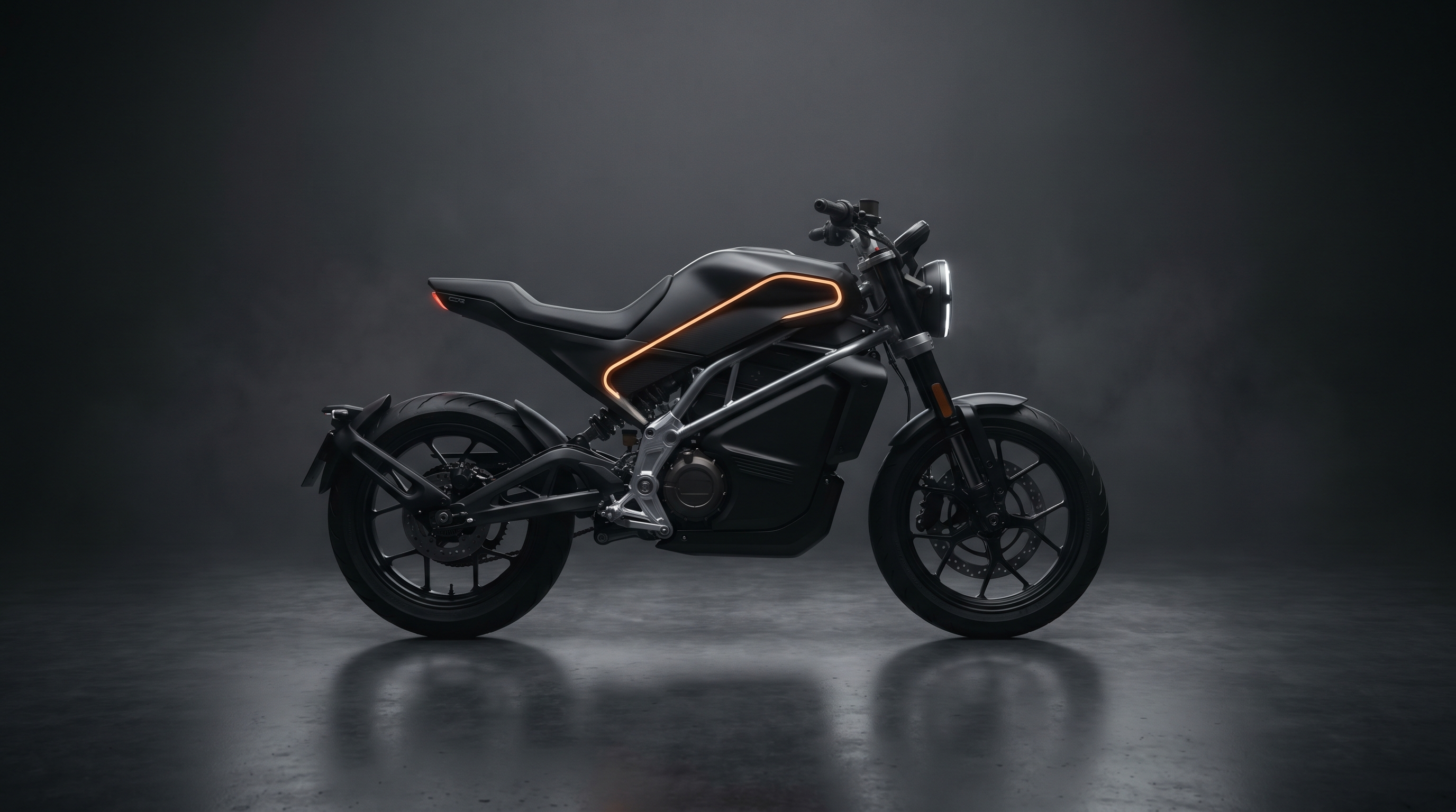 VANTA electric motorcycle, matte black with amber accent line
