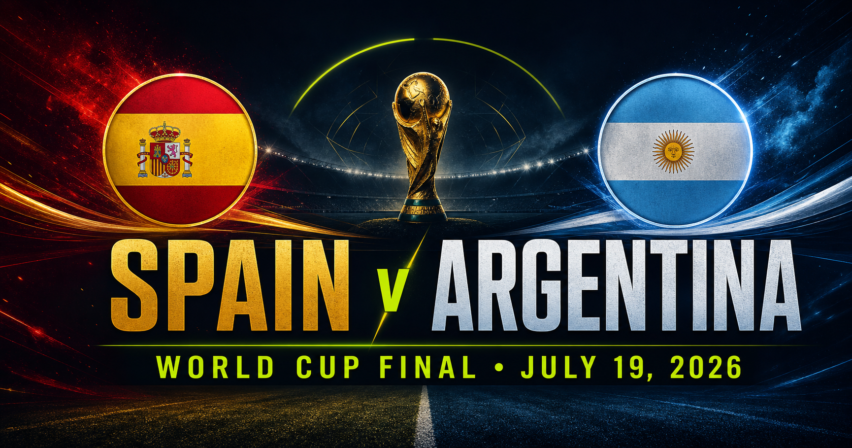 A dramatic Spain versus Argentina World Cup final poster with the trophy centered between both flags.