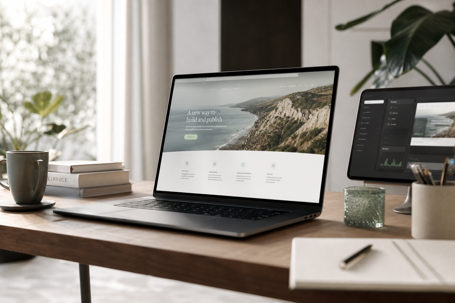 A polished laptop-and-dashboard workspace representing AI-built pages going live.