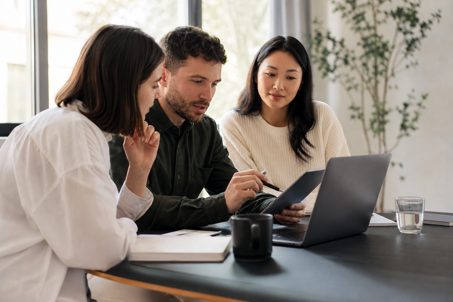 A small team reviewing a proposal together around a laptop and tablet.