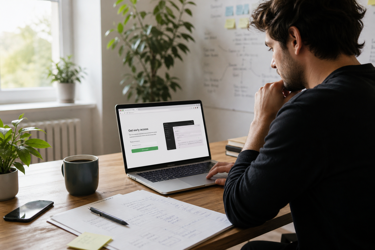 A founder preparing a waitlist page at a laptop in a bright workspace.