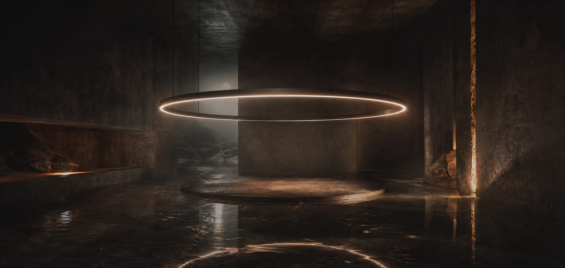 A brutalist listening chamber with a suspended amber ring above a reflective floor.