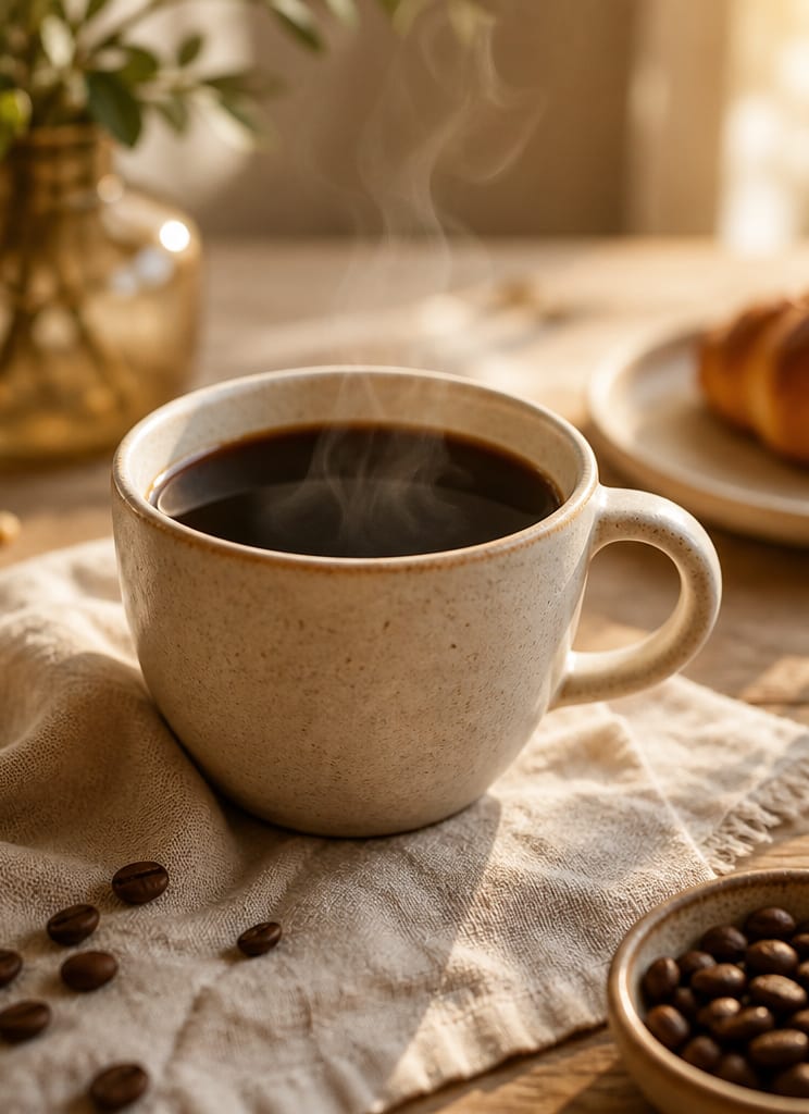 Fresh brewed black coffee in a ceramic mug