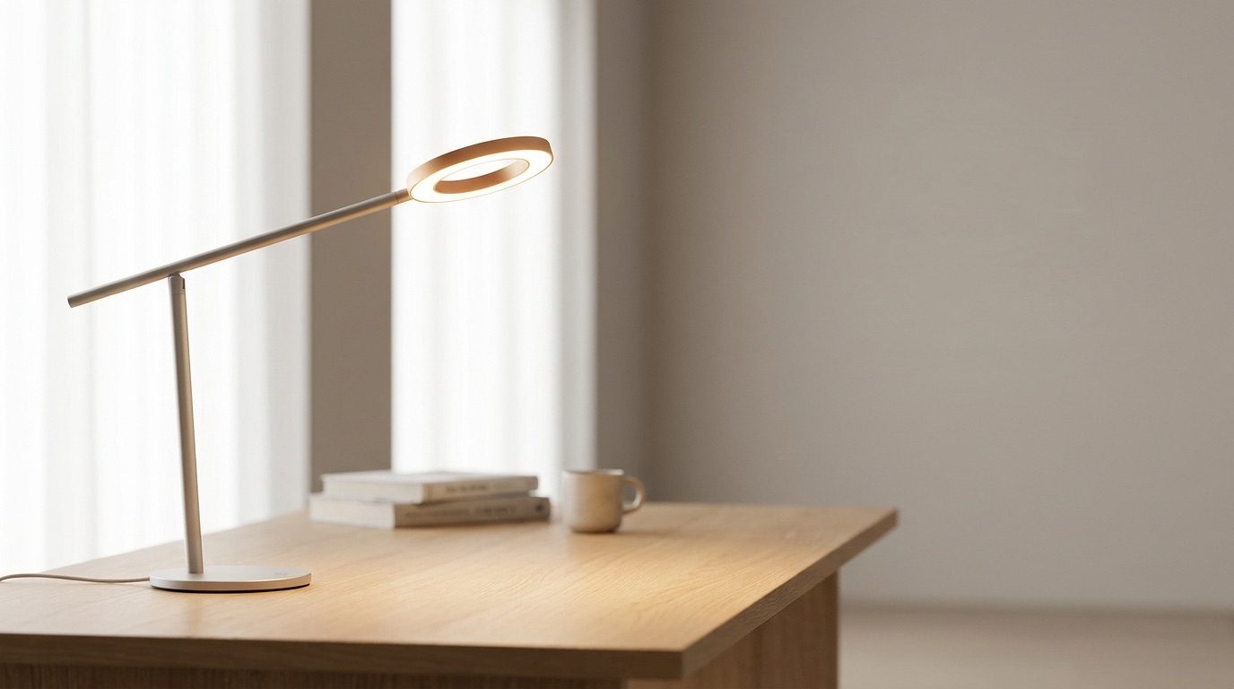 Halo smart desk lamp glowing warmly on a modern wood desk