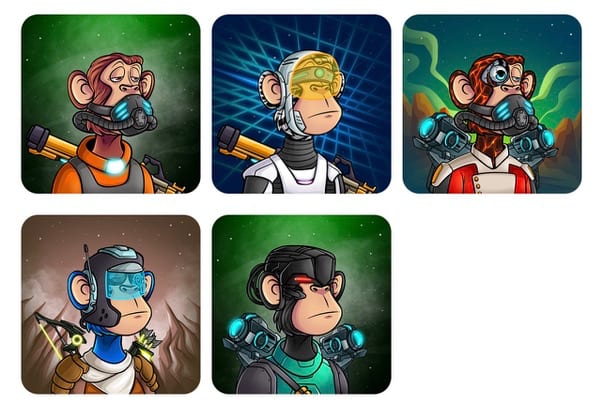 A lineup of illustrated ape astronaut variants with different helmets, masks, and backgrounds.