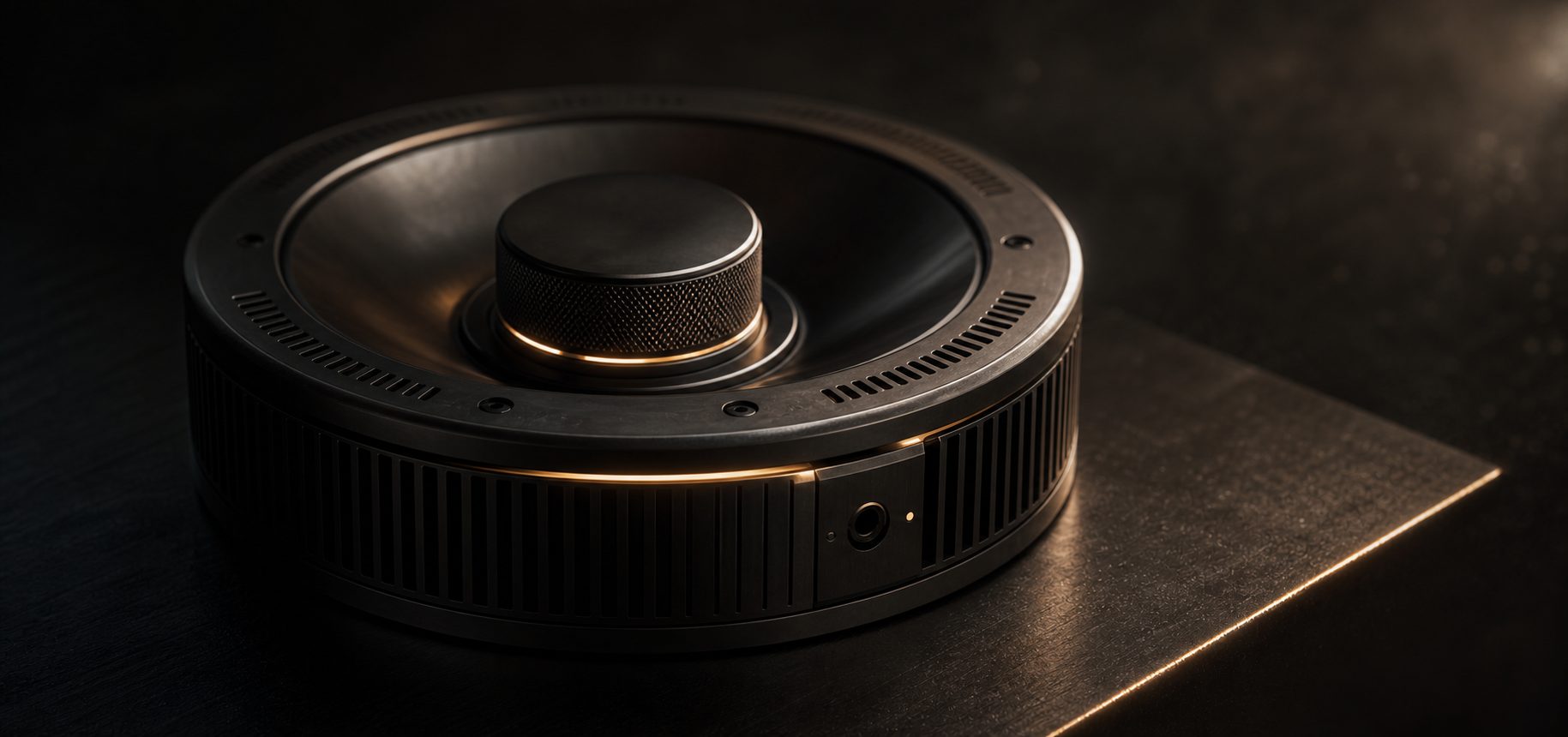 A close detail of a black machined listening device with an amber light seam and a knurled dial.
