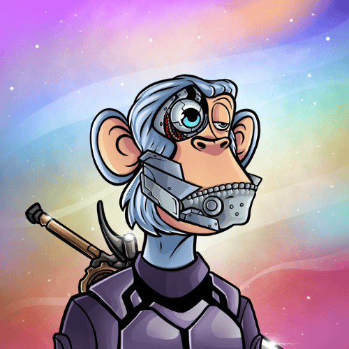 Illustrated space ape with silver hair and a robotic eye.
