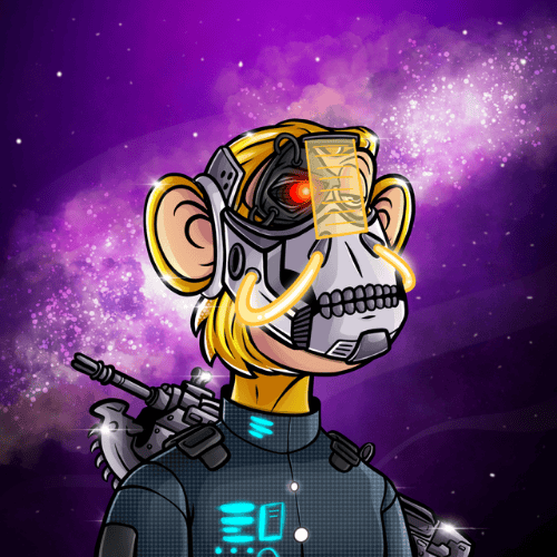 Illustrated masked space ape with neon gold facial tech.