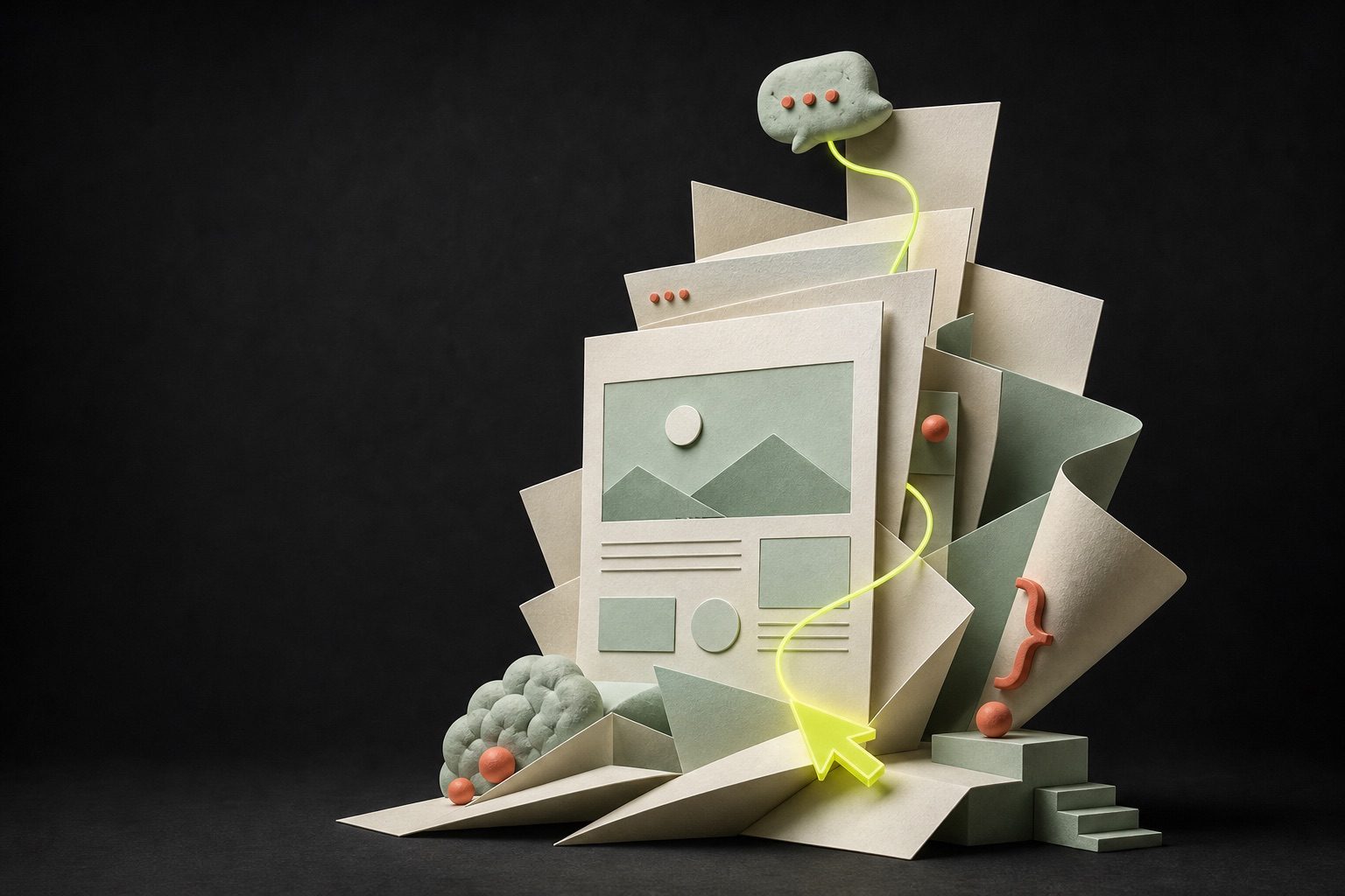 Folded paper forms becoming a complete web page, connected by a luminous cursor trail