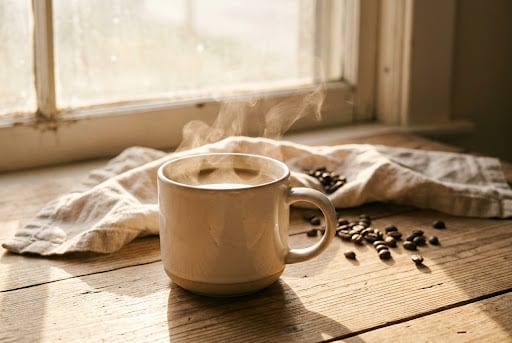 Steaming mug on wooden table