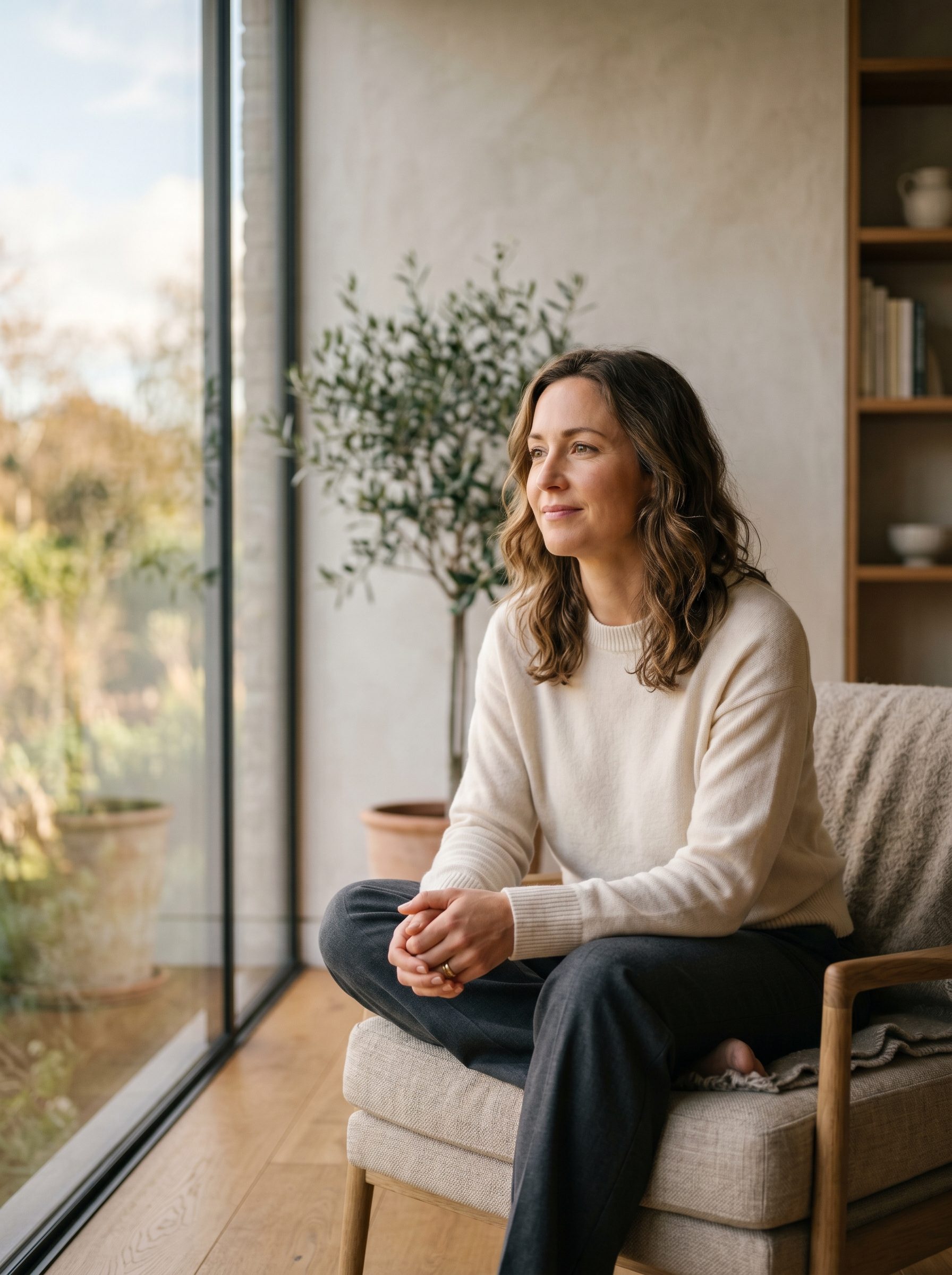 Thoughtful person seated by a large window in warm daylight.