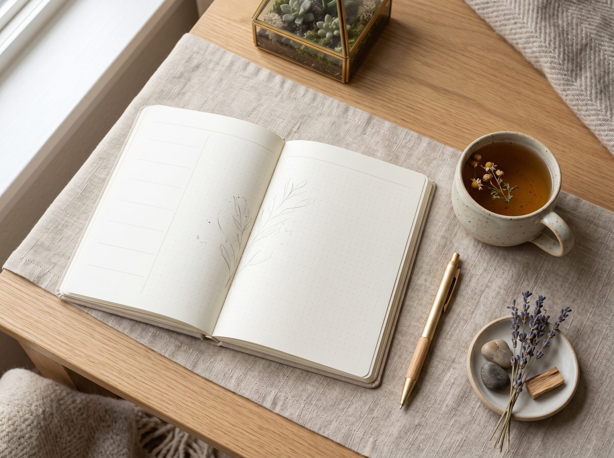 Open notebook, tea, and pen arranged on a calm planning desk.