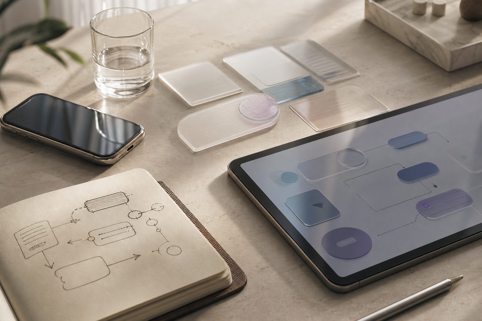 A premium desk scene with a tablet, notebook, and translucent planning cards.
