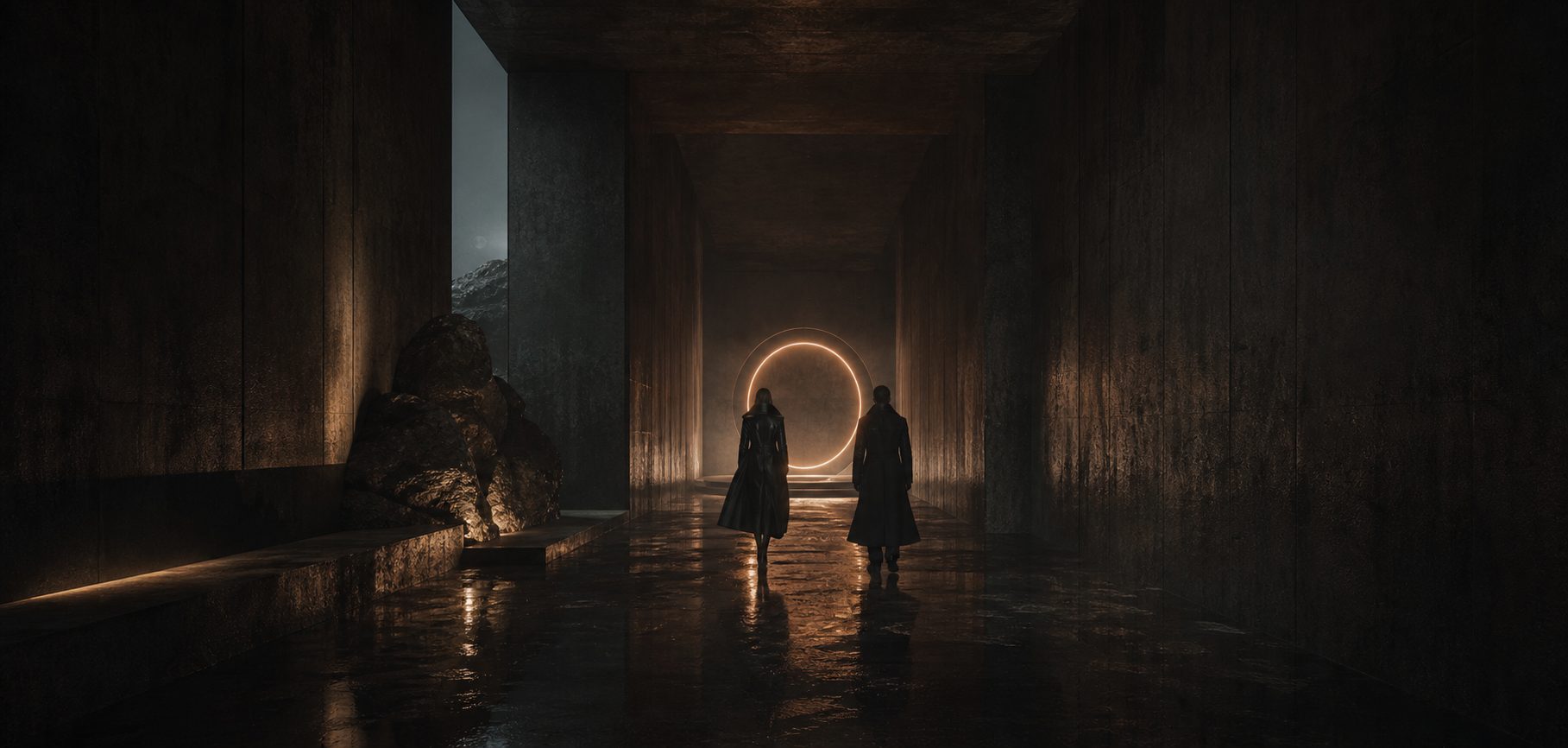 Two figures in dark coats walk through a concrete corridor toward a circular light portal.