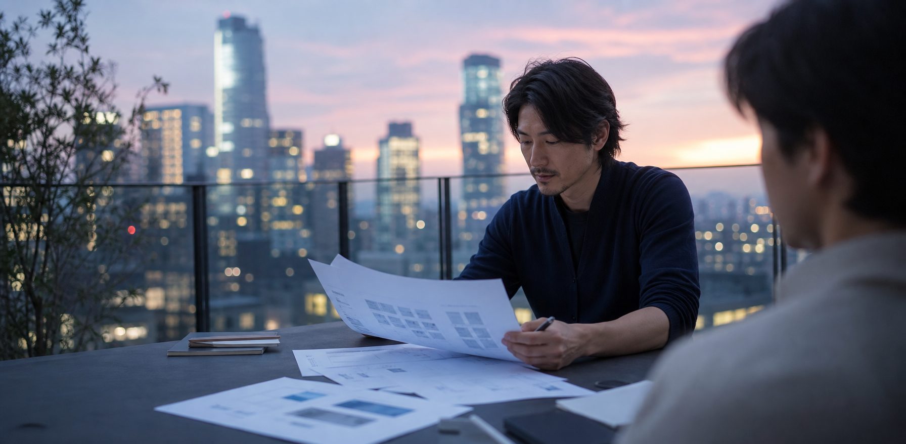 A founder reviewing launch documents on a rooftop at dusk with a city skyline behind.