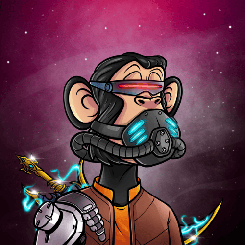 Illustrated cybernetic space ape wearing a glowing visor and breathing mask.