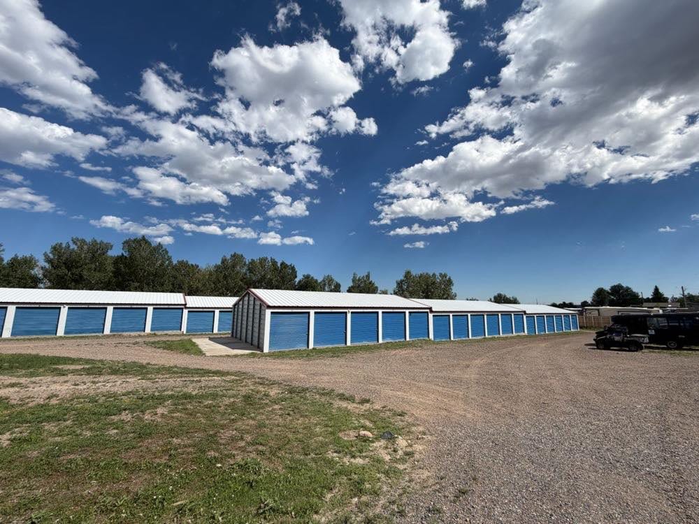 Drive up self storage facility with blue roll up doors in a small town, the kind of facility we buy